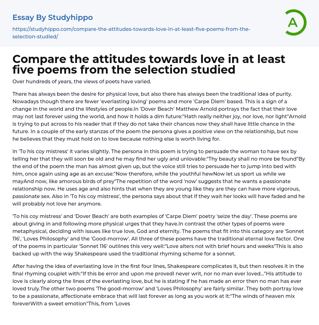 Compare the attitudes towards love in at least five poems from the selection studied Essay Example
