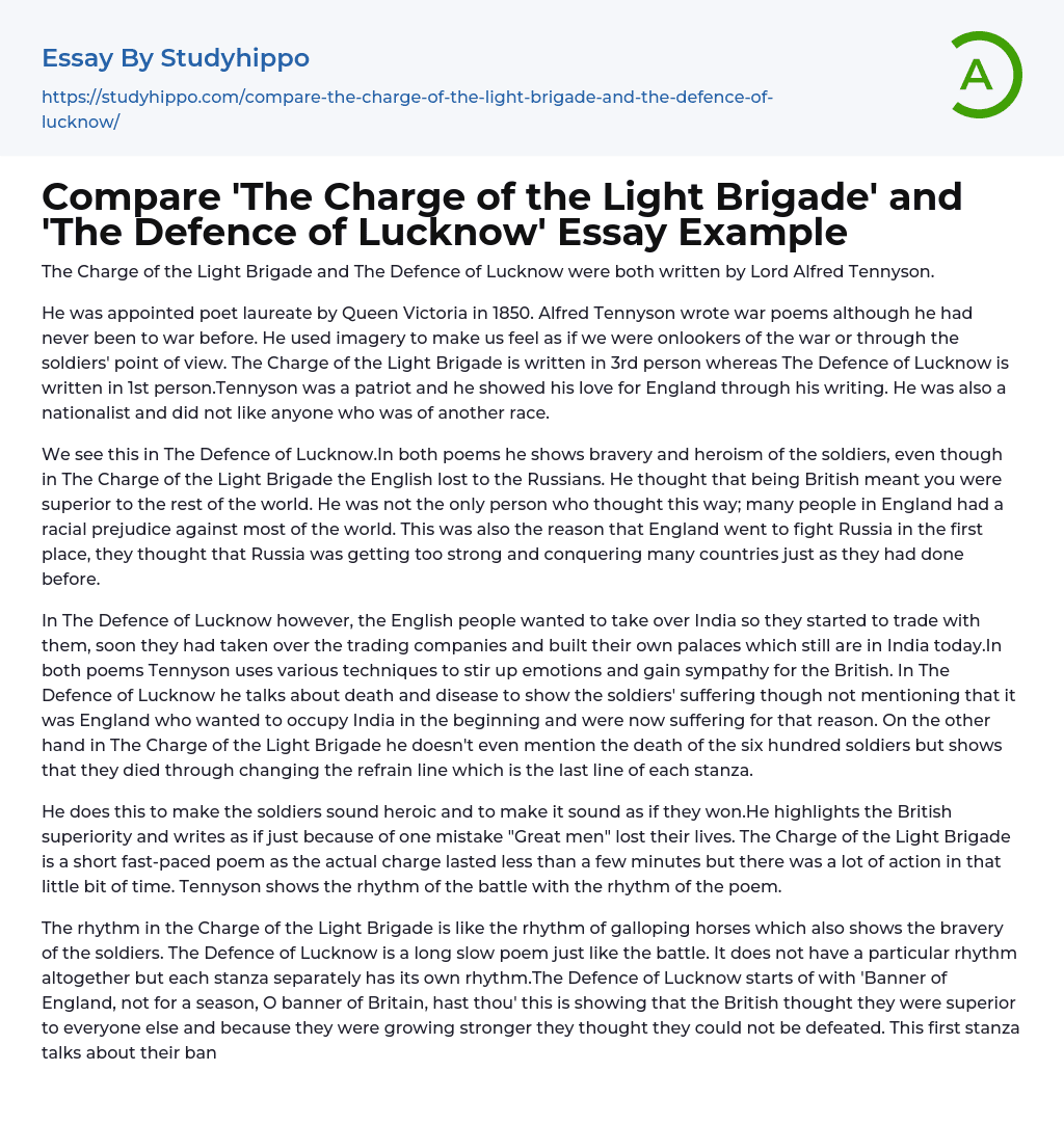 Compare ‘The Charge of the Light Brigade’ and ‘The Defence of Lucknow’ Essay Example