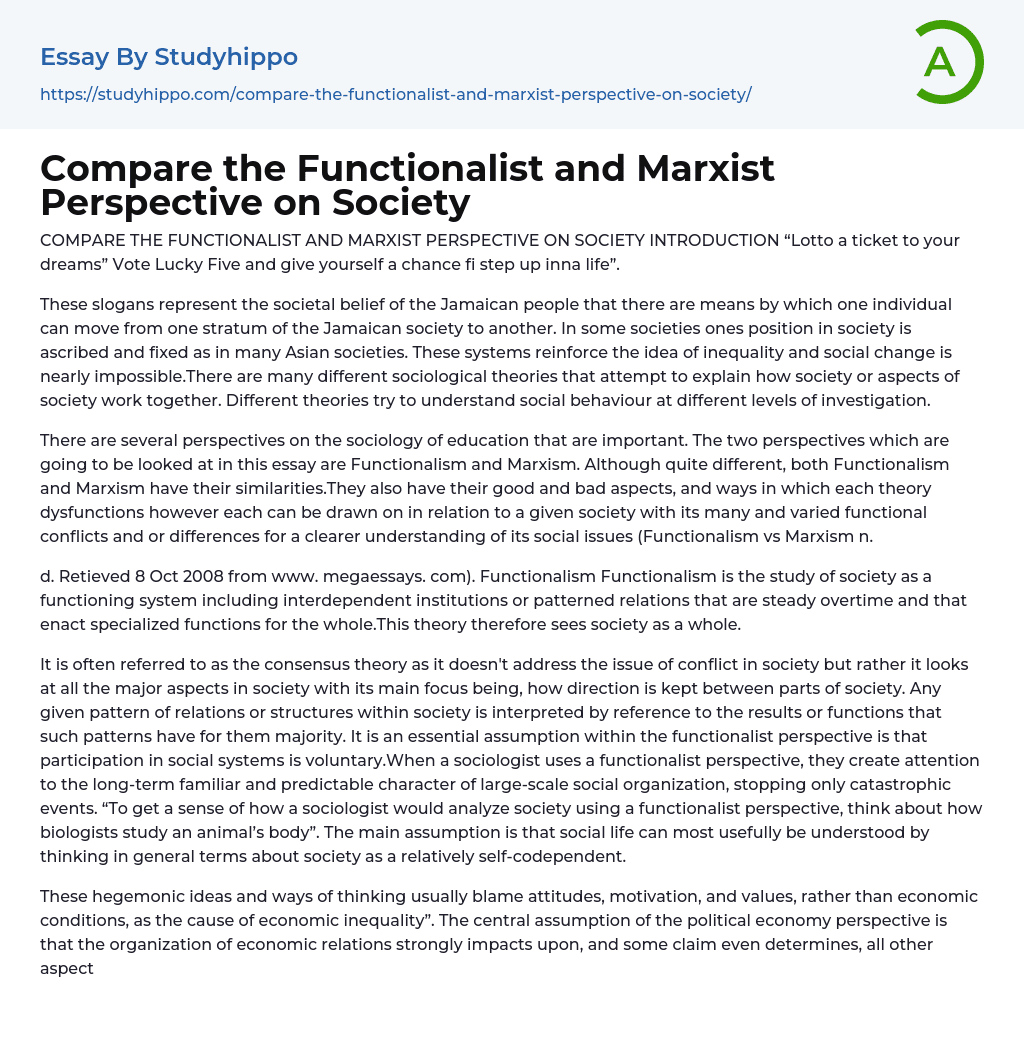 Compare the Functionalist and Marxist Perspective on Society Essay Example