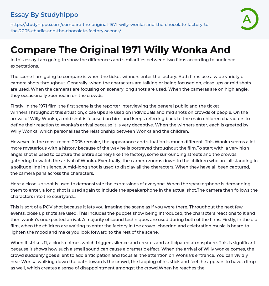 Compare The Original 1971 Willy Wonka And Essay Example