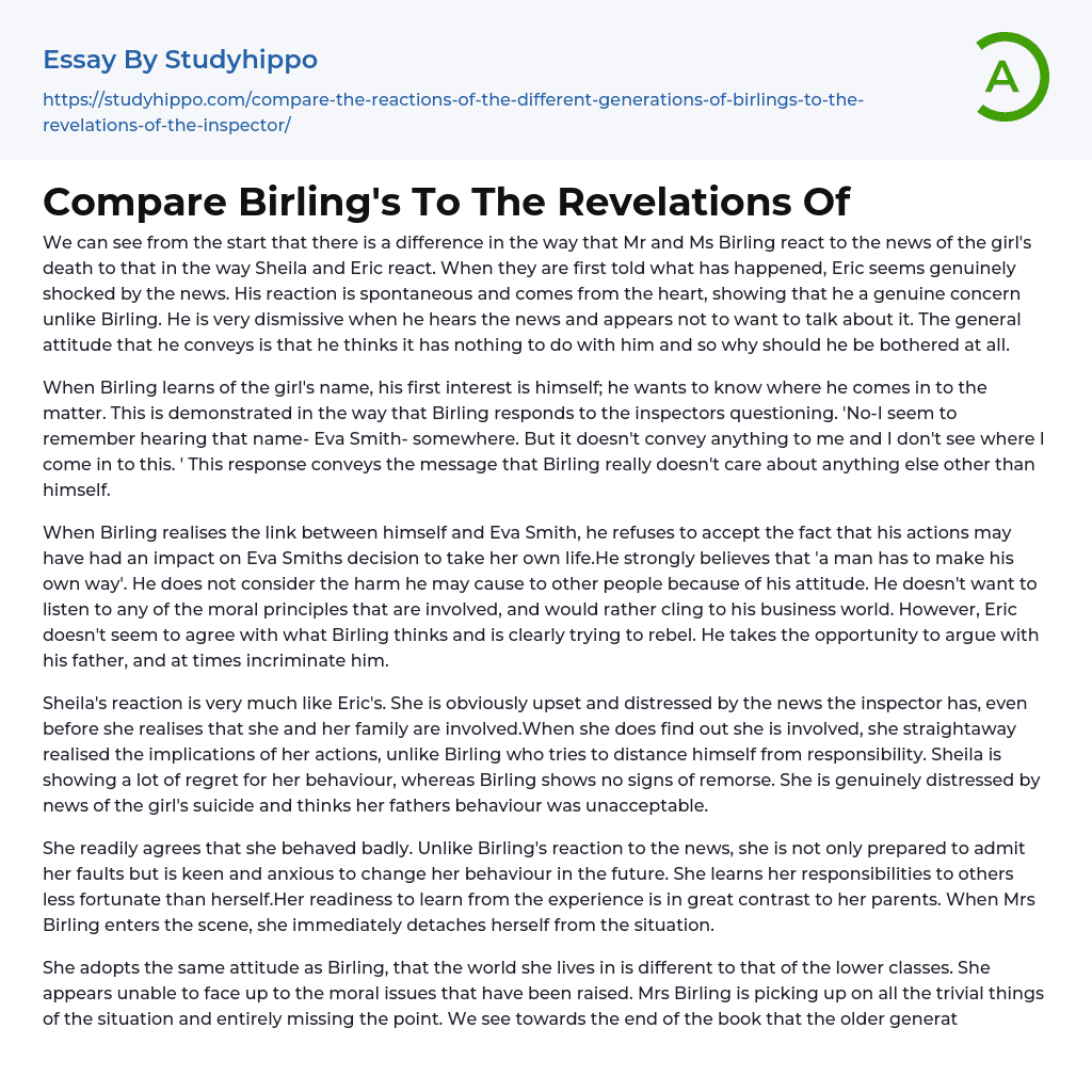 Compare Birling’s To The Revelations Of Essay Example