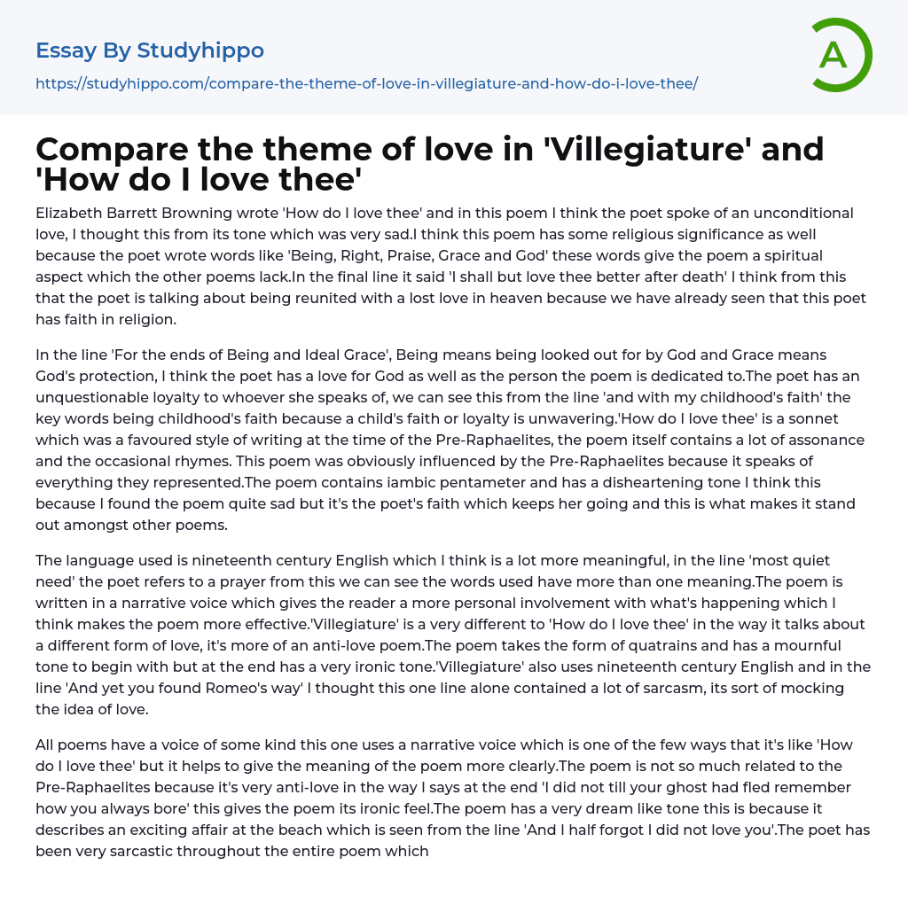 Compare the theme of love in ‘Villegiature’ and ‘How do I love thee’ Essay Example