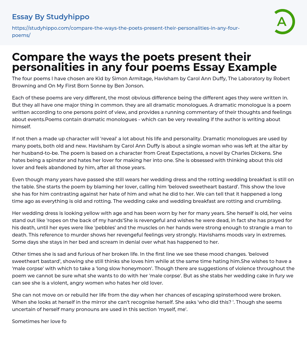 Compare the ways the poets present their personalities in any four poems Essay Example