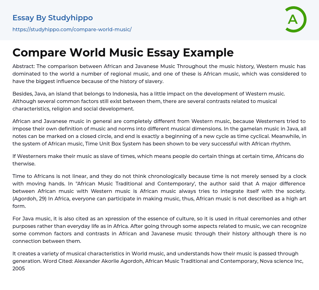 Compare World Music Essay Example