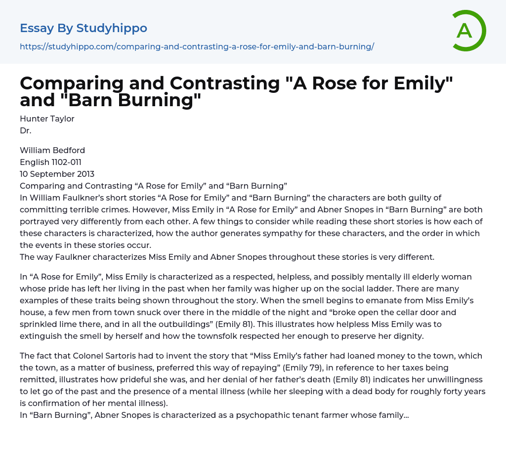 Comparing and Contrasting “A Rose for Emily” and “Barn Burning” Essay Example