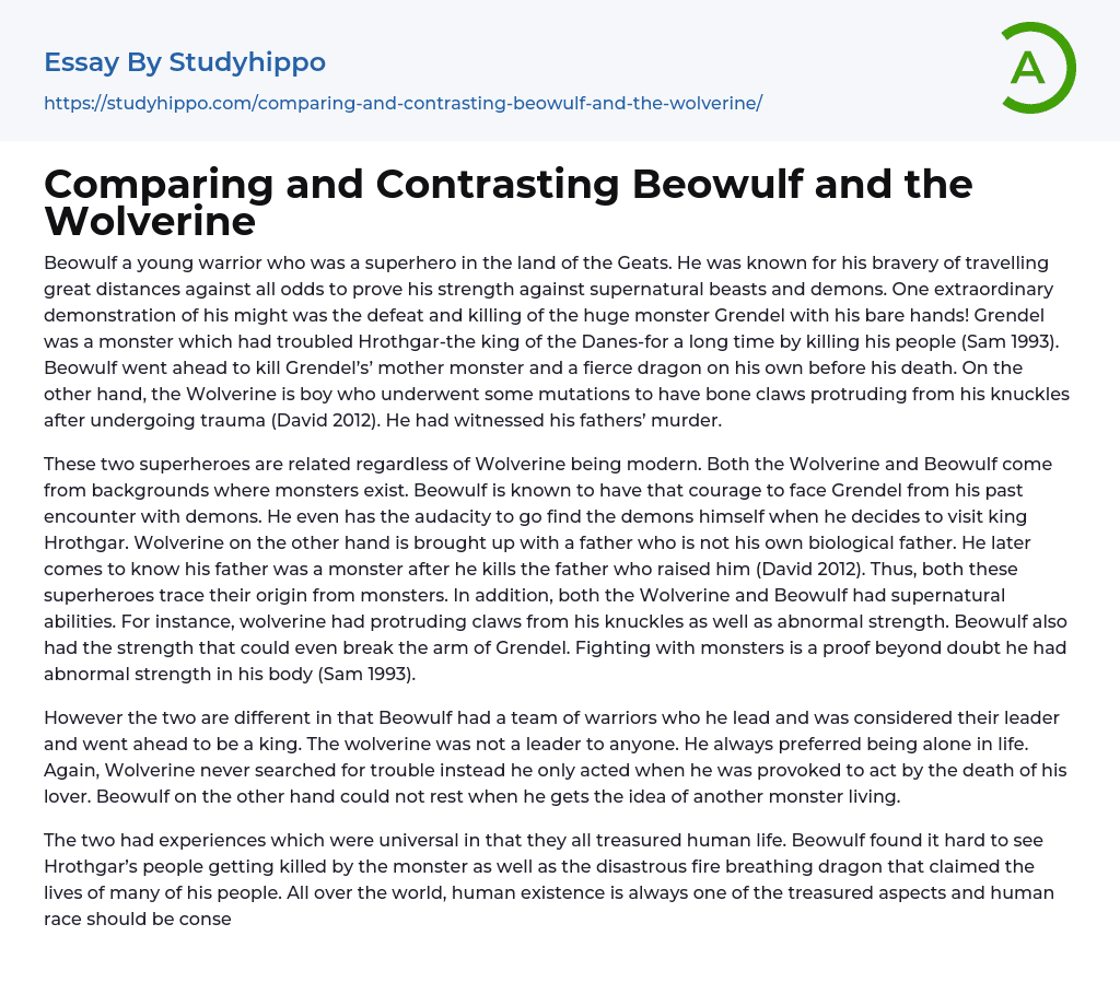Comparing and Contrasting Beowulf and the Wolverine Essay Example