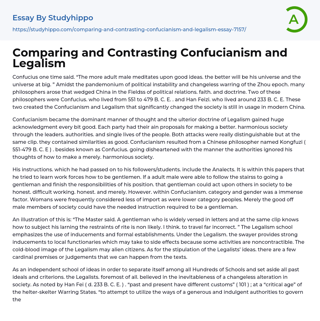 Comparing and Contrasting Confucianism and Legalism Essay Example