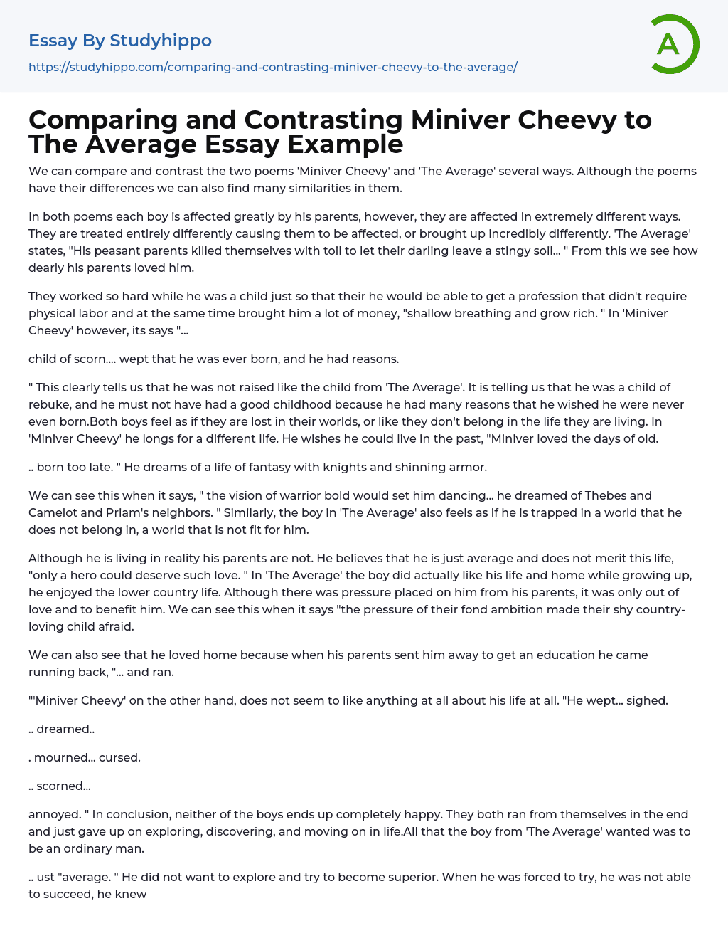 Comparing and Contrasting Miniver Cheevy to The Average Essay Example