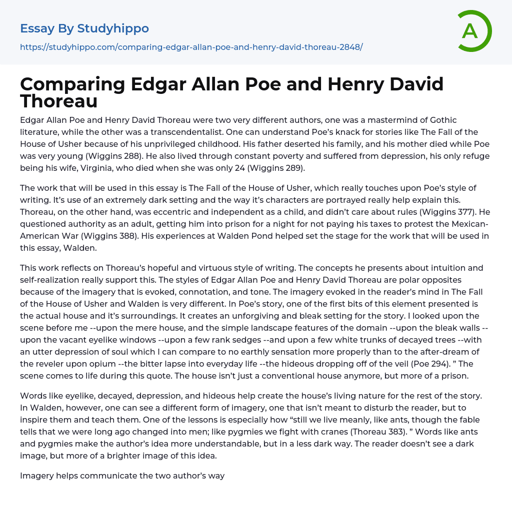 Comparing Edgar Allan Poe and Henry David Thoreau Essay Example