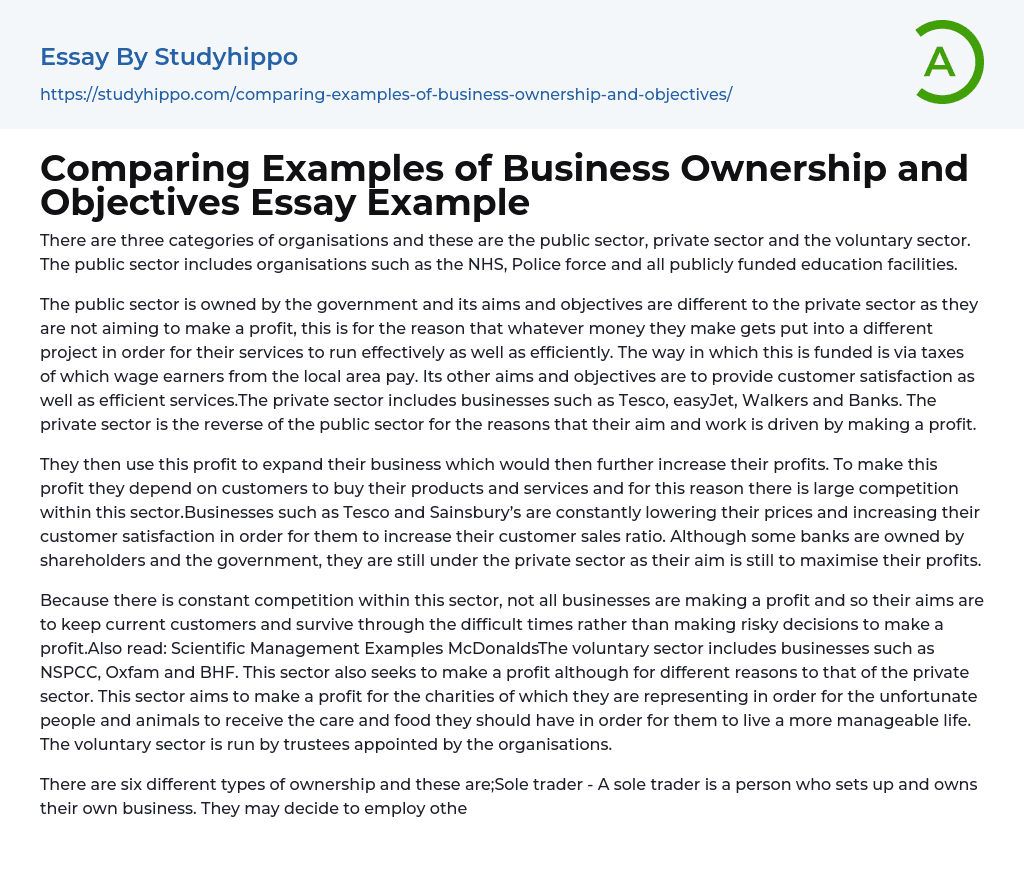 Comparing Examples of Business Ownership and Objectives Essay Example