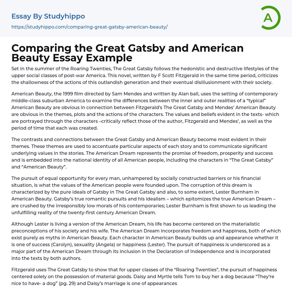 Comparing the Great Gatsby and American Beauty Essay Example