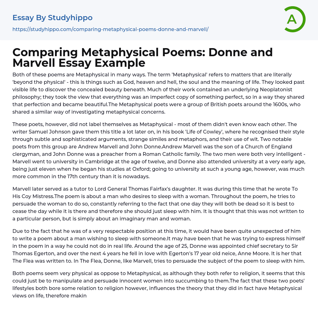 Comparing Metaphysical Poems: Donne and Marvell Essay Example