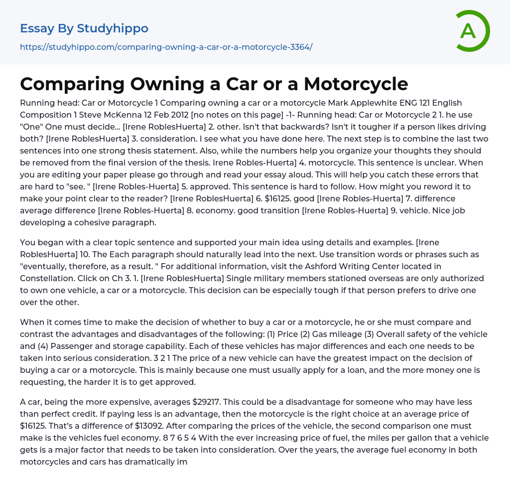Comparing Owning a Car or a Motorcycle Essay Example