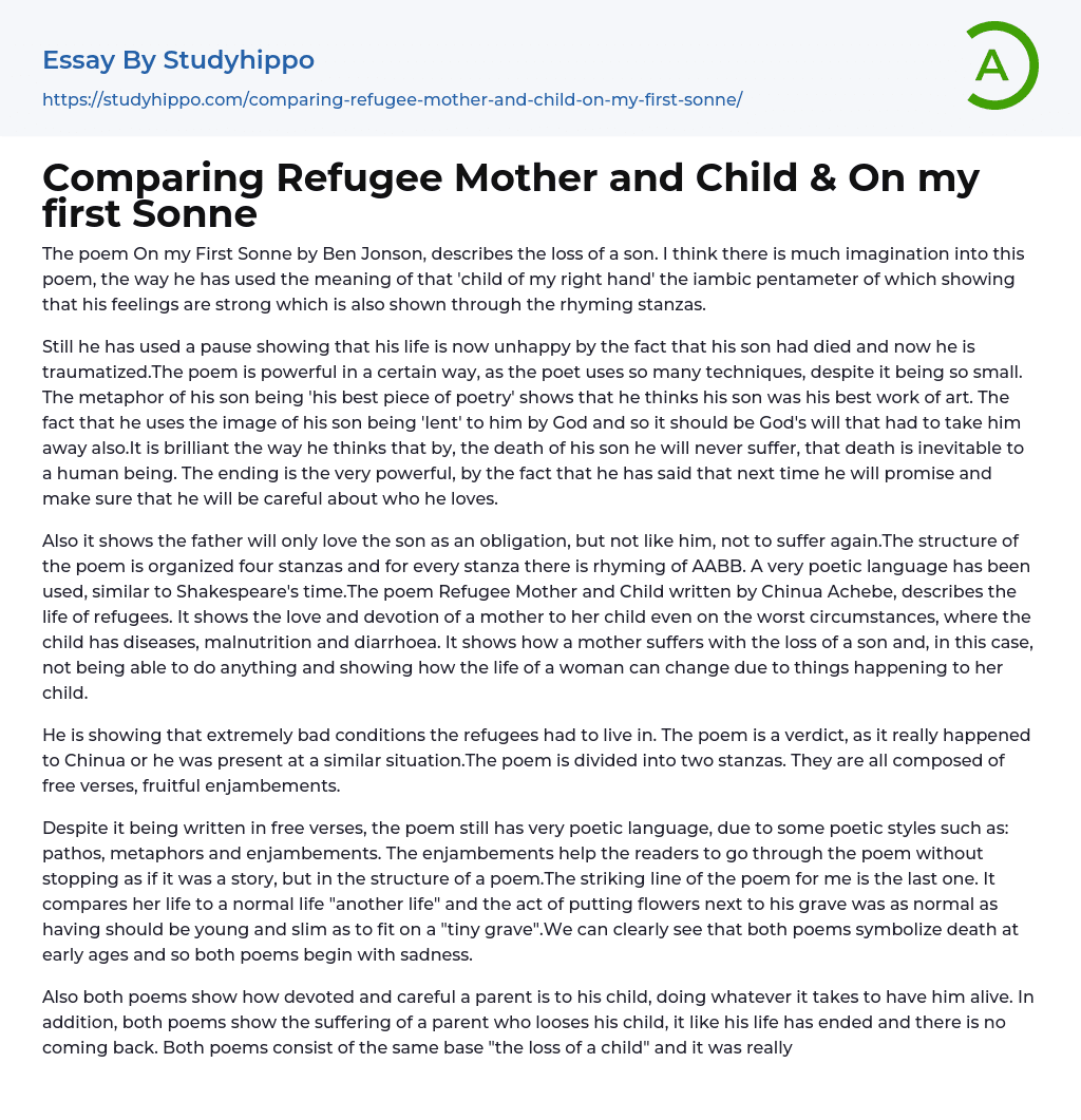 Comparing Refugee Mother and Child & On my first Sonne Essay Example