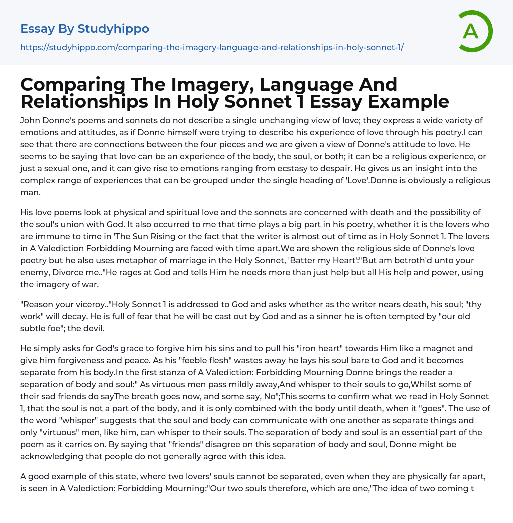 Comparing The Imagery, Language And Relationships In Holy Sonnet 1 Essay Example