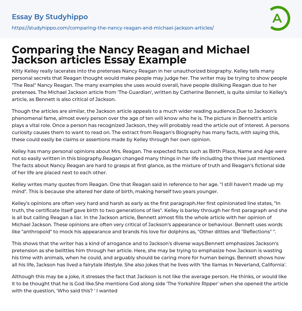 Comparing the Nancy Reagan and Michael Jackson articles Essay Example