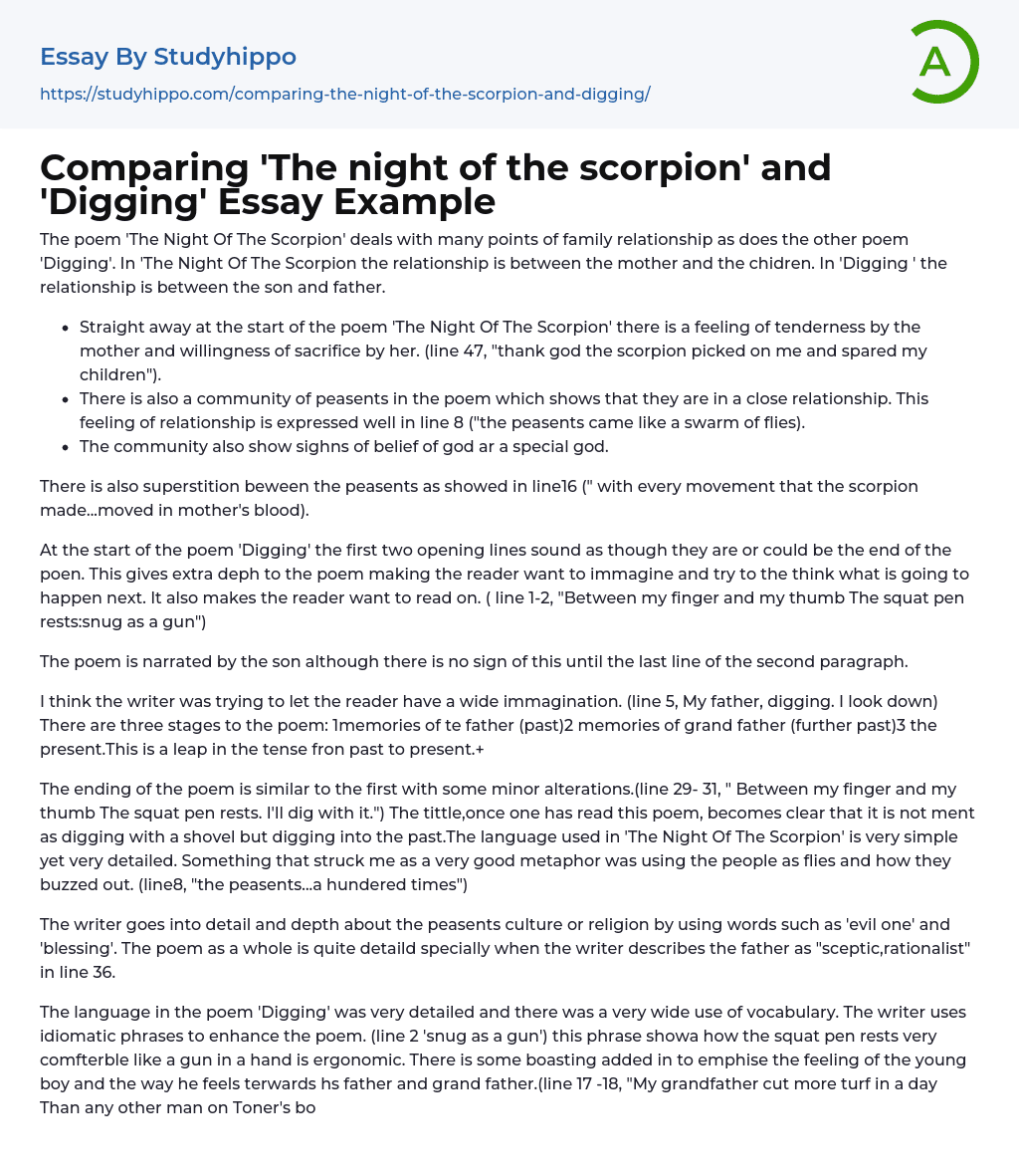 Comparing ‘The night of the scorpion’ and ‘Digging’ Essay Example