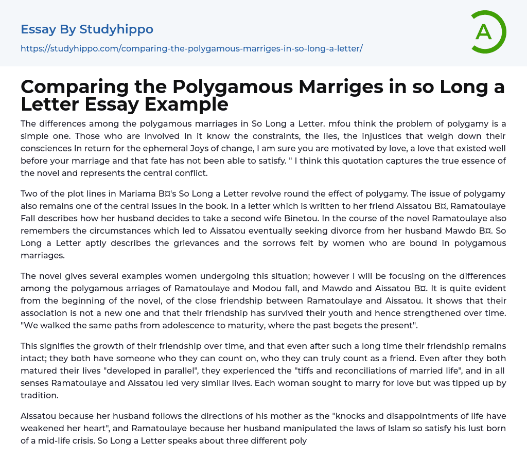 Comparing the Polygamous Marriges in so Long a Letter Essay Example