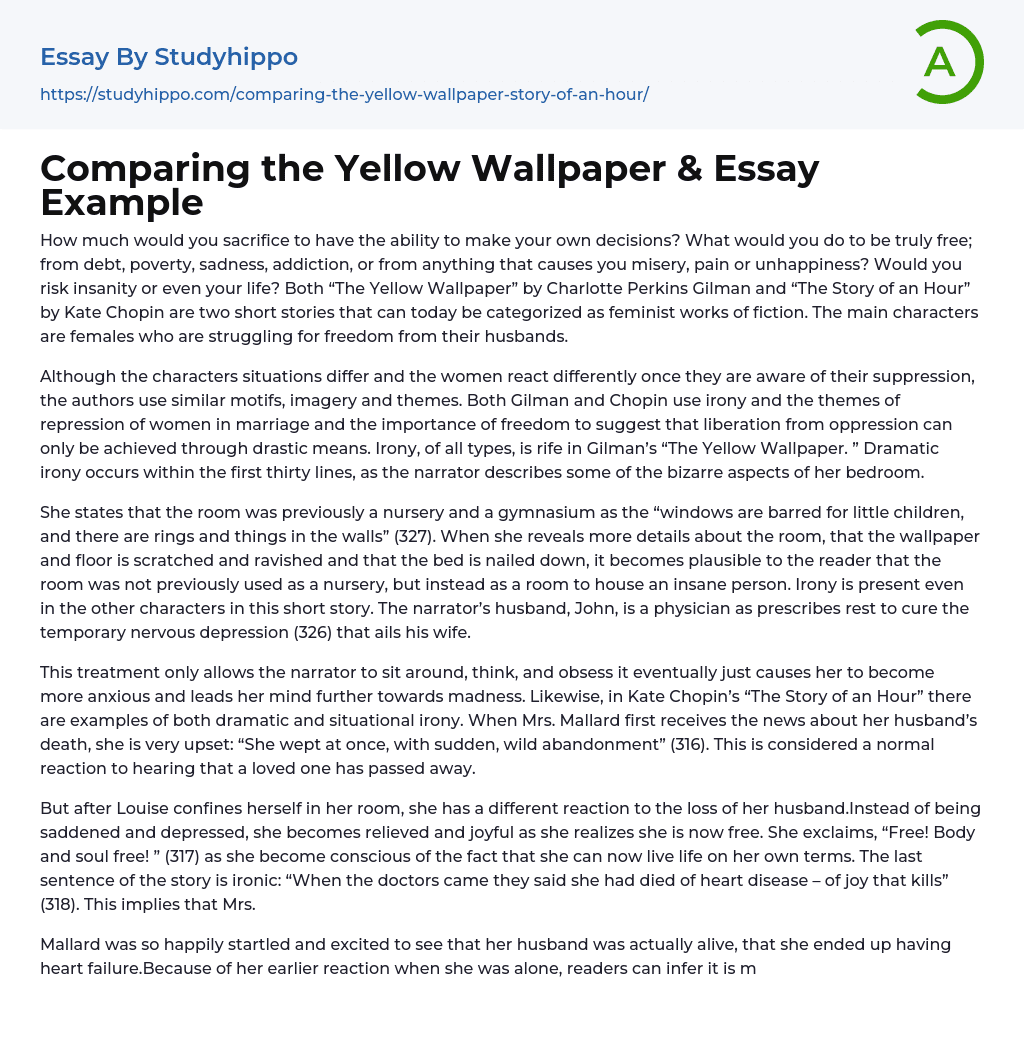Comparing the Yellow Wallpaper &amp Essay Example