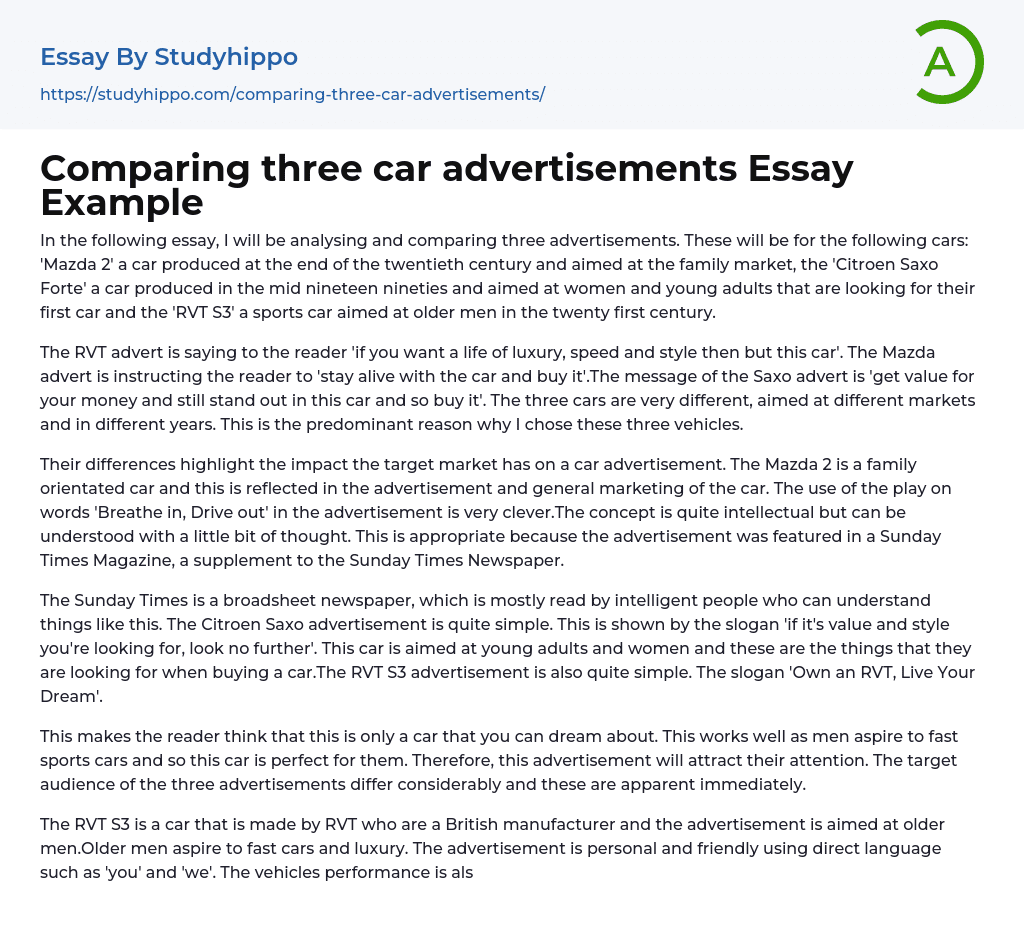Comparing three car advertisements Essay Example