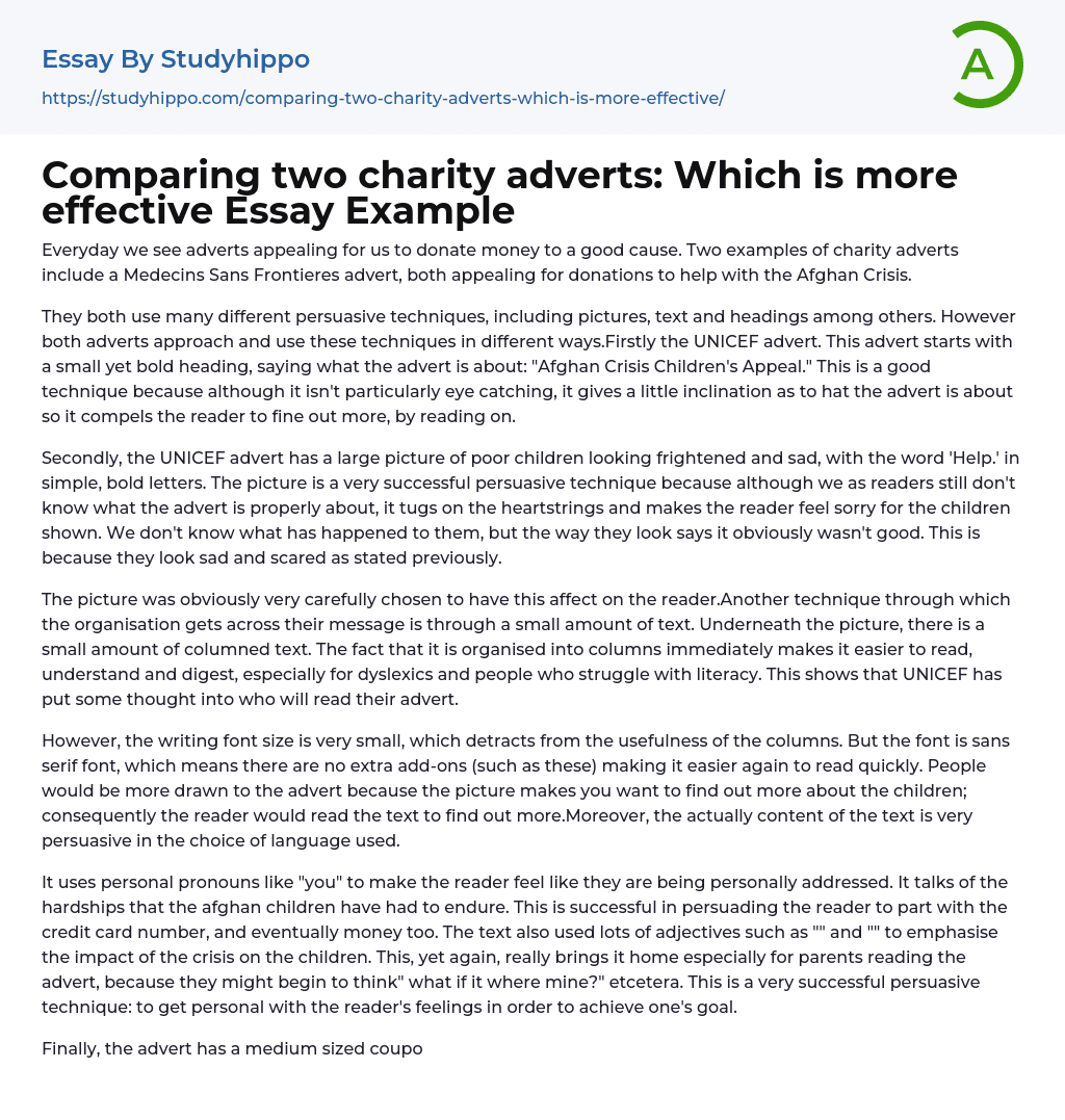 Comparing two charity adverts: Which is more effective Essay Example