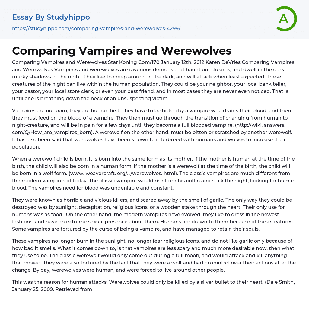 Comparing Vampires and Werewolves Essay Example
