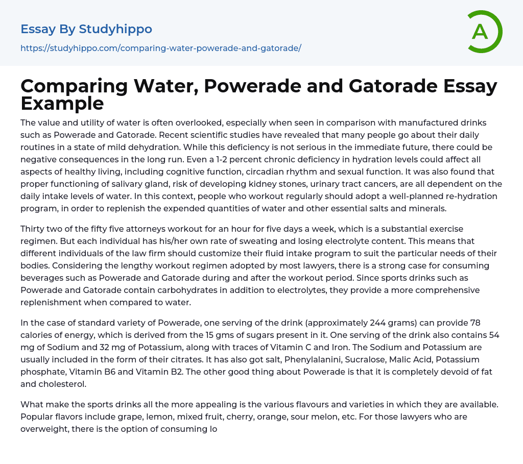 Comparing Water, Powerade and Gatorade Essay Example