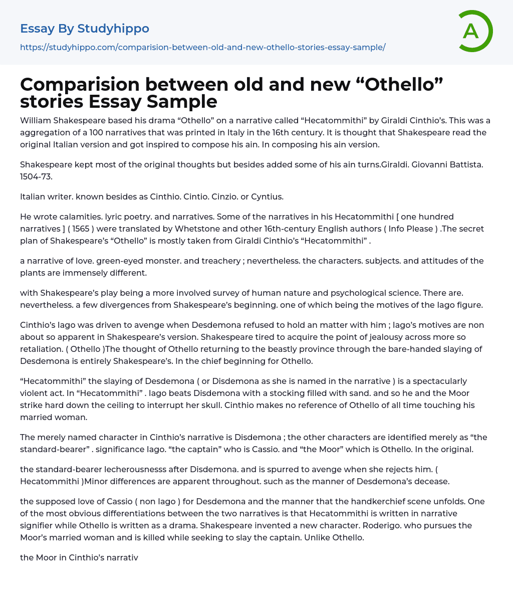 Comparision between old and new “Othello” stories Essay Sample