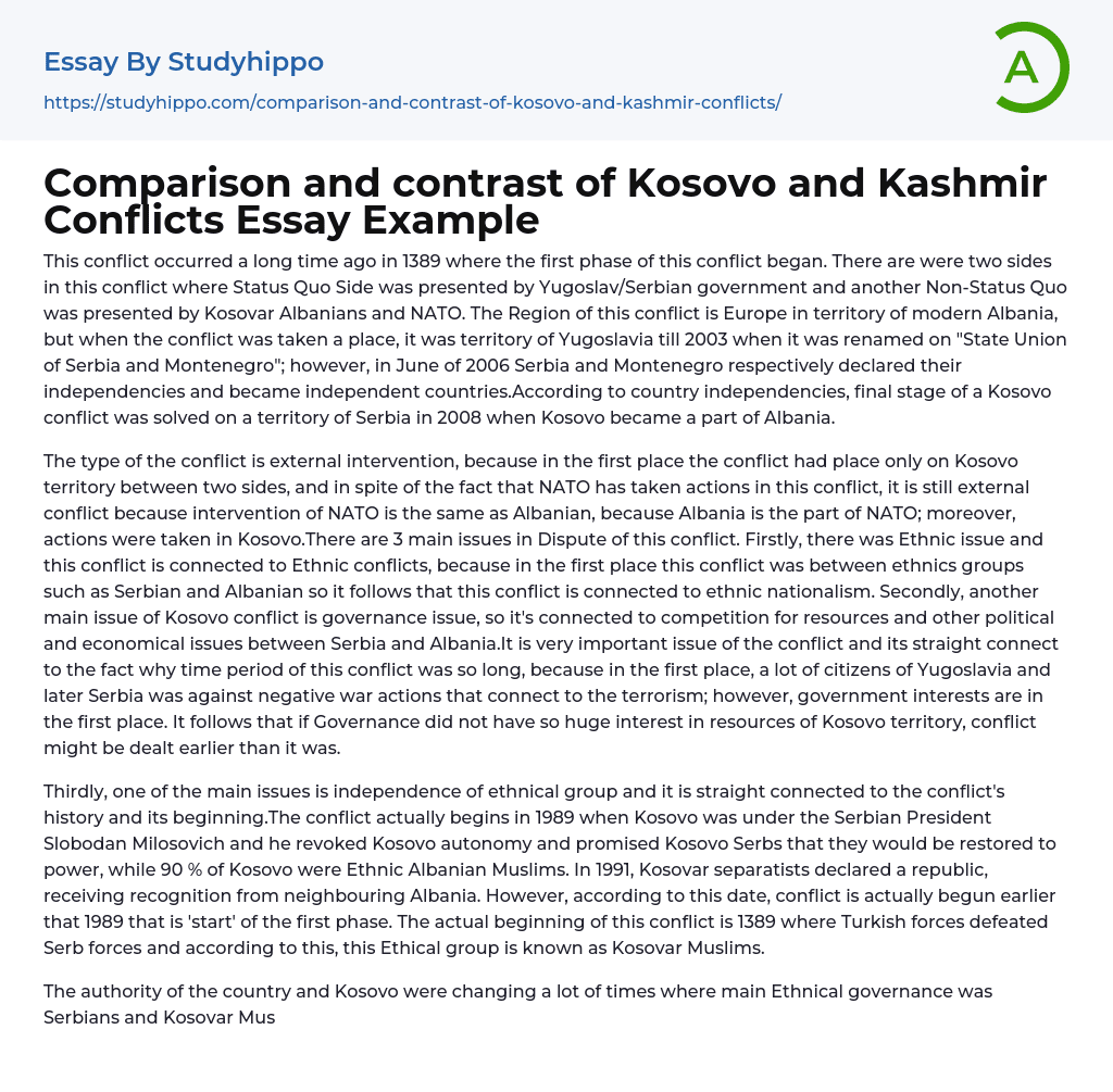 Comparison and contrast of Kosovo and Kashmir Conflicts Essay Example