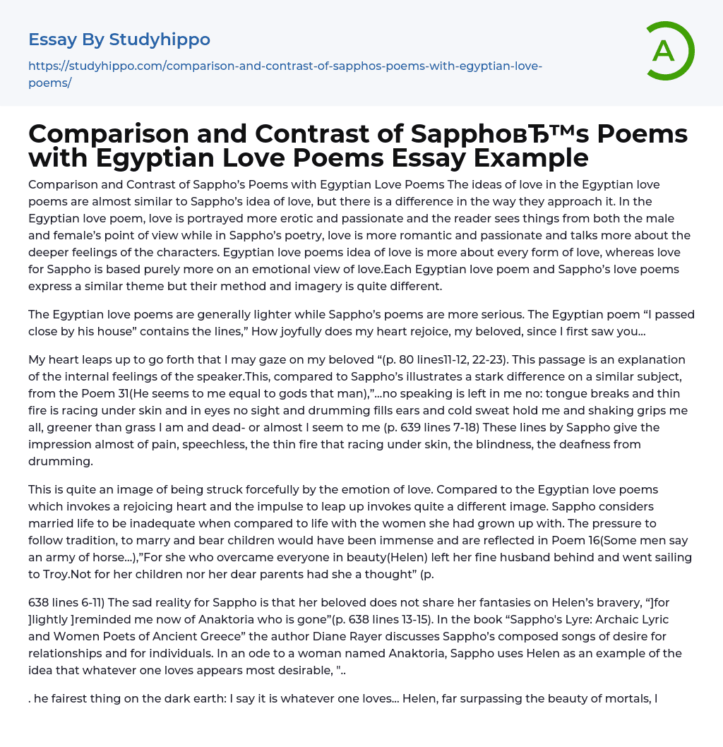Comparison and Contrast of Sappho’s Poems with Egyptian Love Poems Essay Example