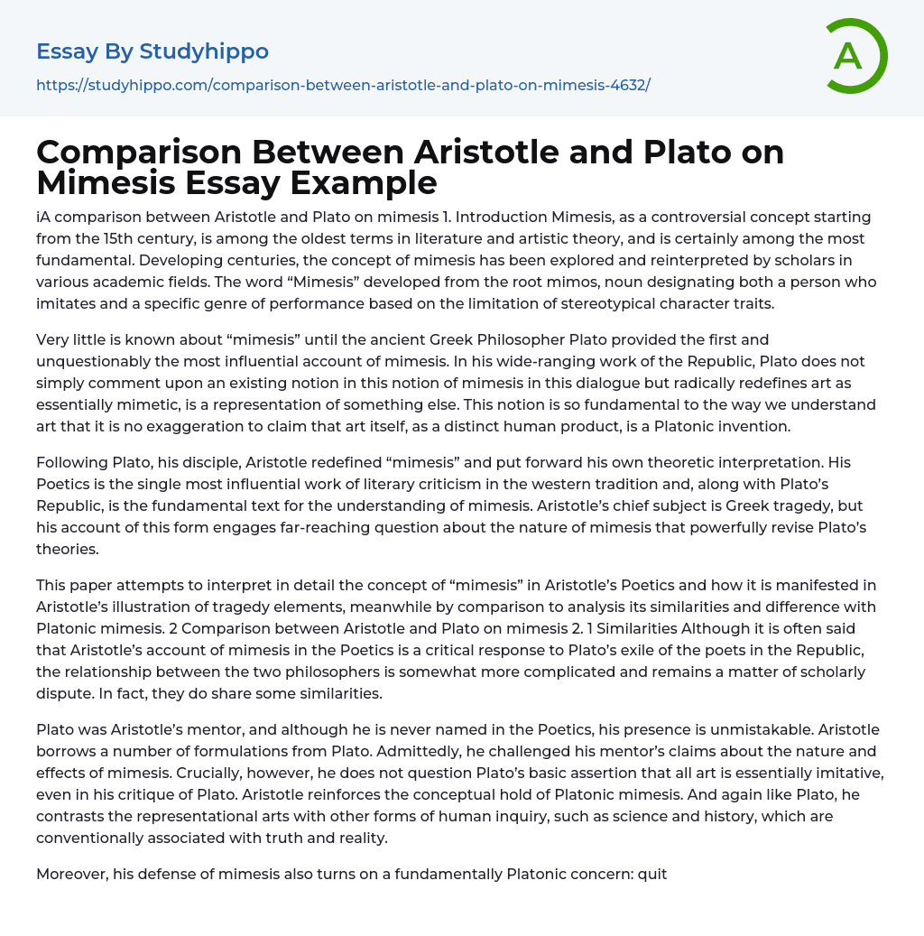 Comparison Between Aristotle and Plato on Mimesis Essay Example