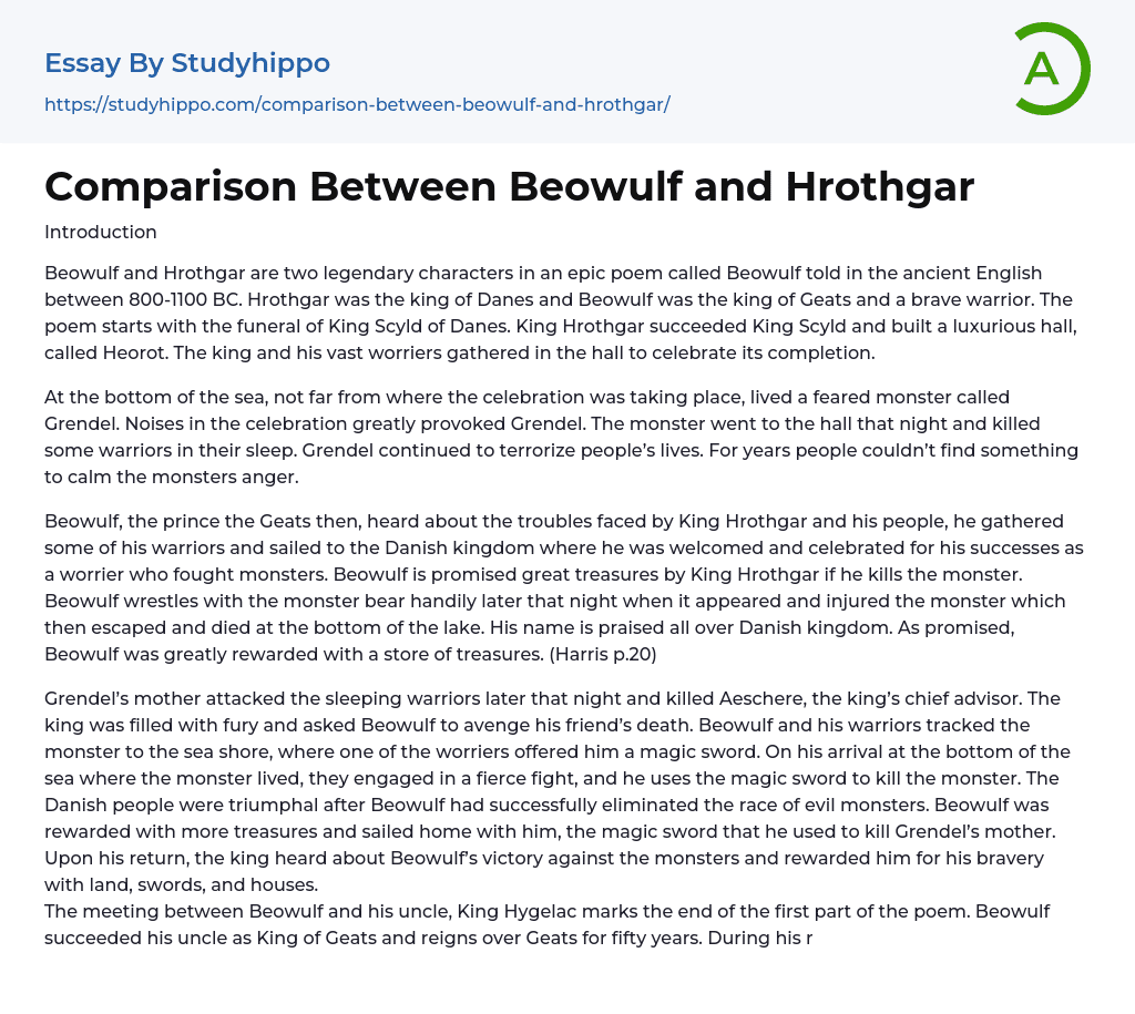 Comparison Between Beowulf and Hrothgar Essay Example