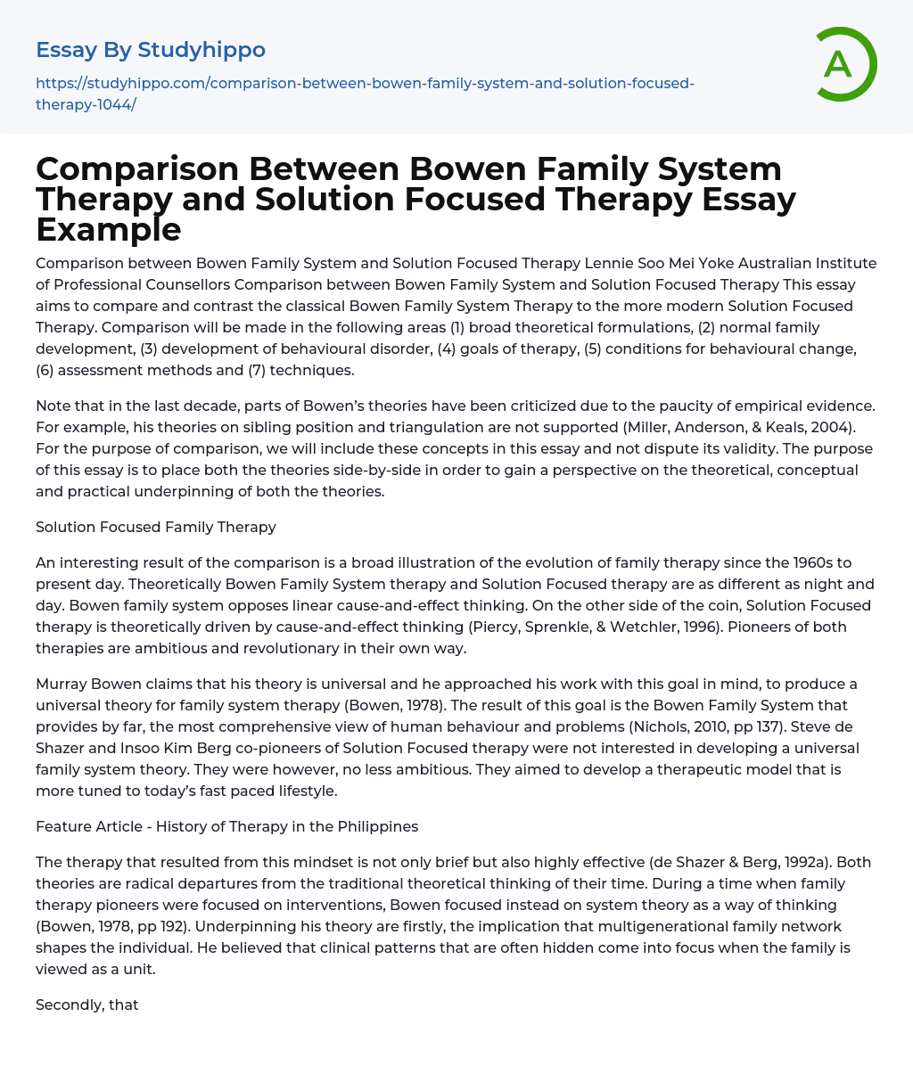 Comparison Between Bowen Family System Therapy and Solution Focused Therapy Essay Example