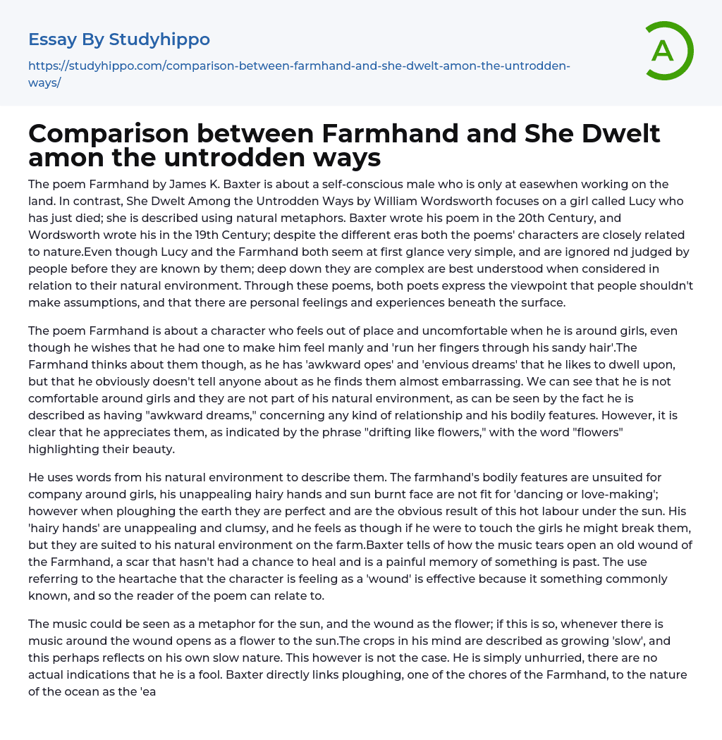 Comparison between Farmhand and She Dwelt amon the untrodden ways Essay Example
