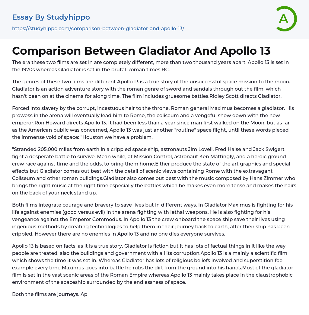 Comparison Between Gladiator And Apollo 13 Essay Example