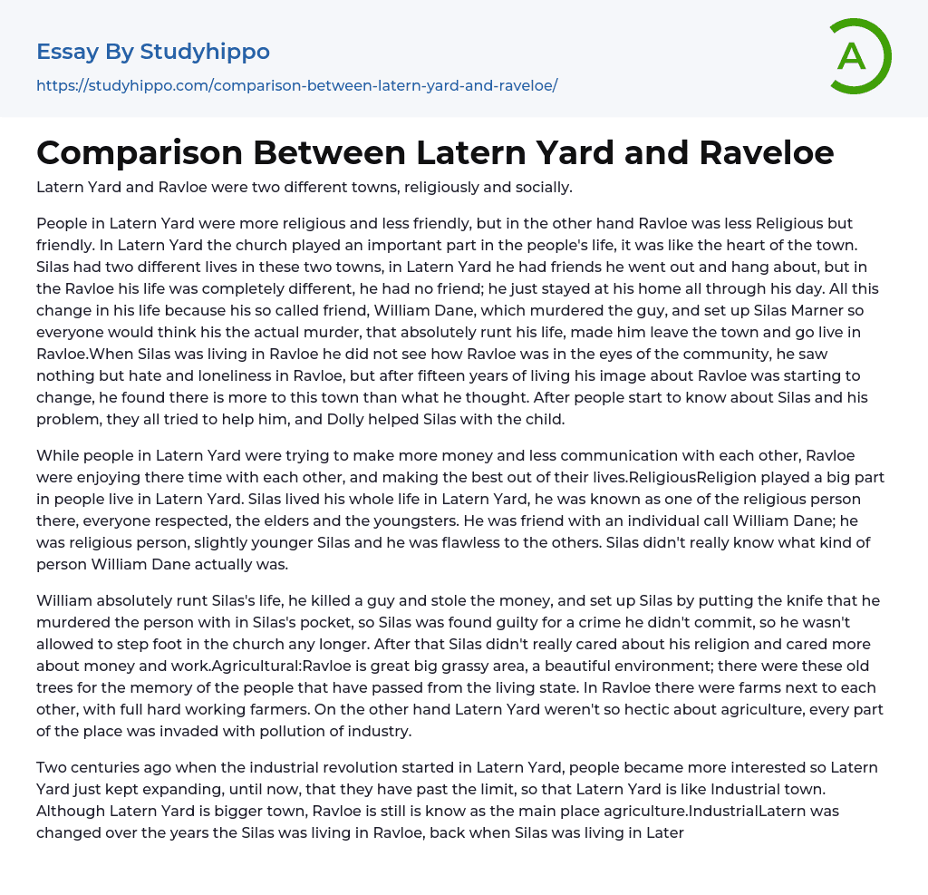 Comparison Between Latern Yard and Raveloe Essay Example