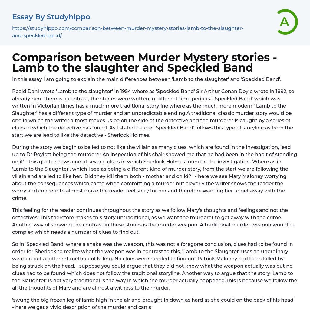 Comparison between Murder Mystery stories – Lamb to the slaughter and Speckled Band Essay Example