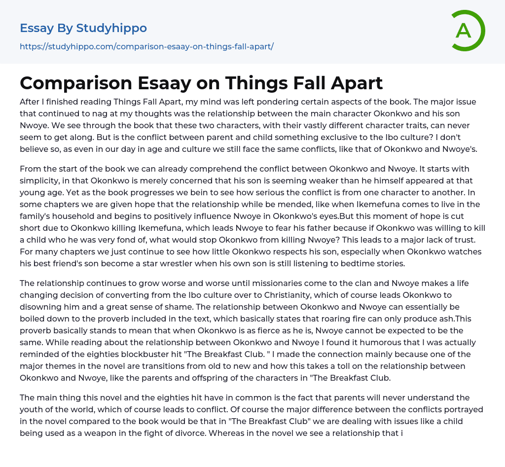 Comparison Esaay on Things Fall Apart Essay Example
