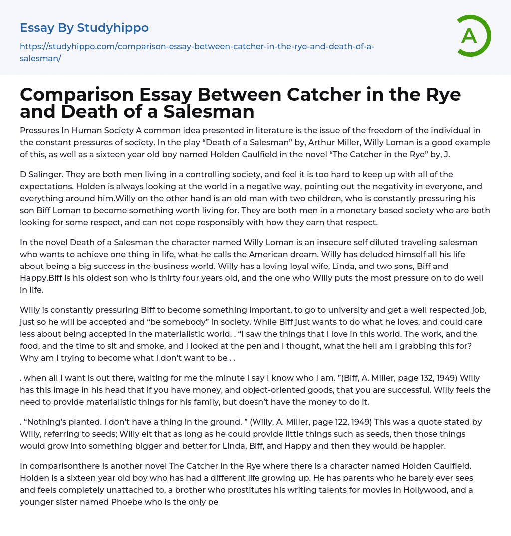 Comparison Essay Between Catcher in the Rye and Death of a Salesman