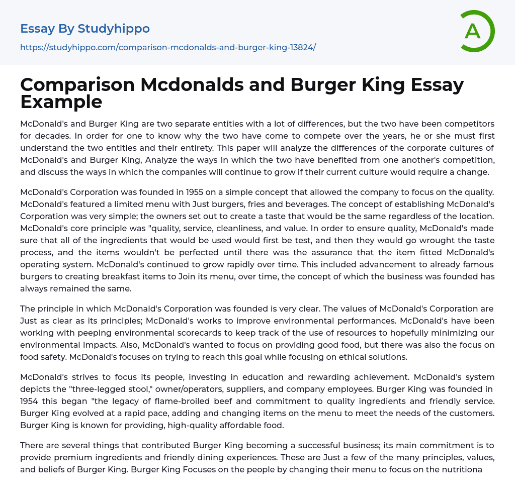 Comparison Mcdonalds and Burger King Essay Example