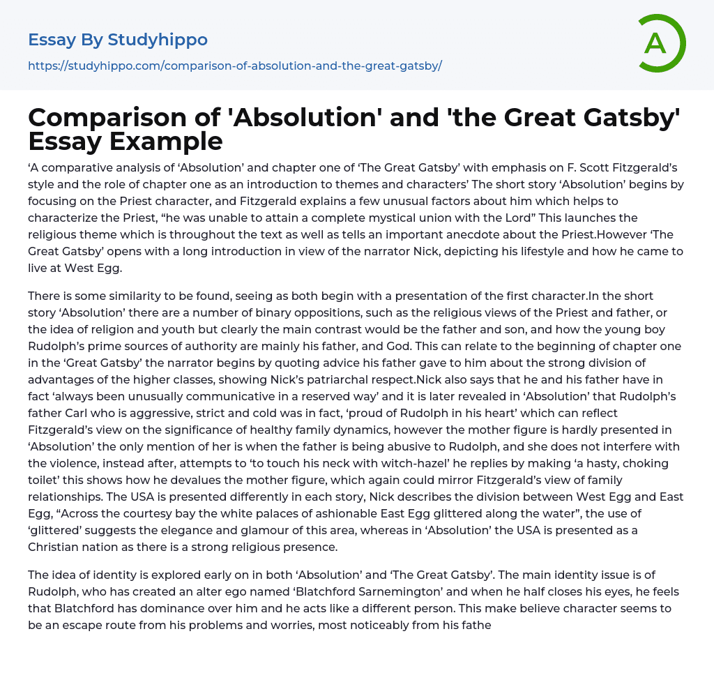 Comparison of ‘Absolution’ and ‘the Great Gatsby’ Essay Example