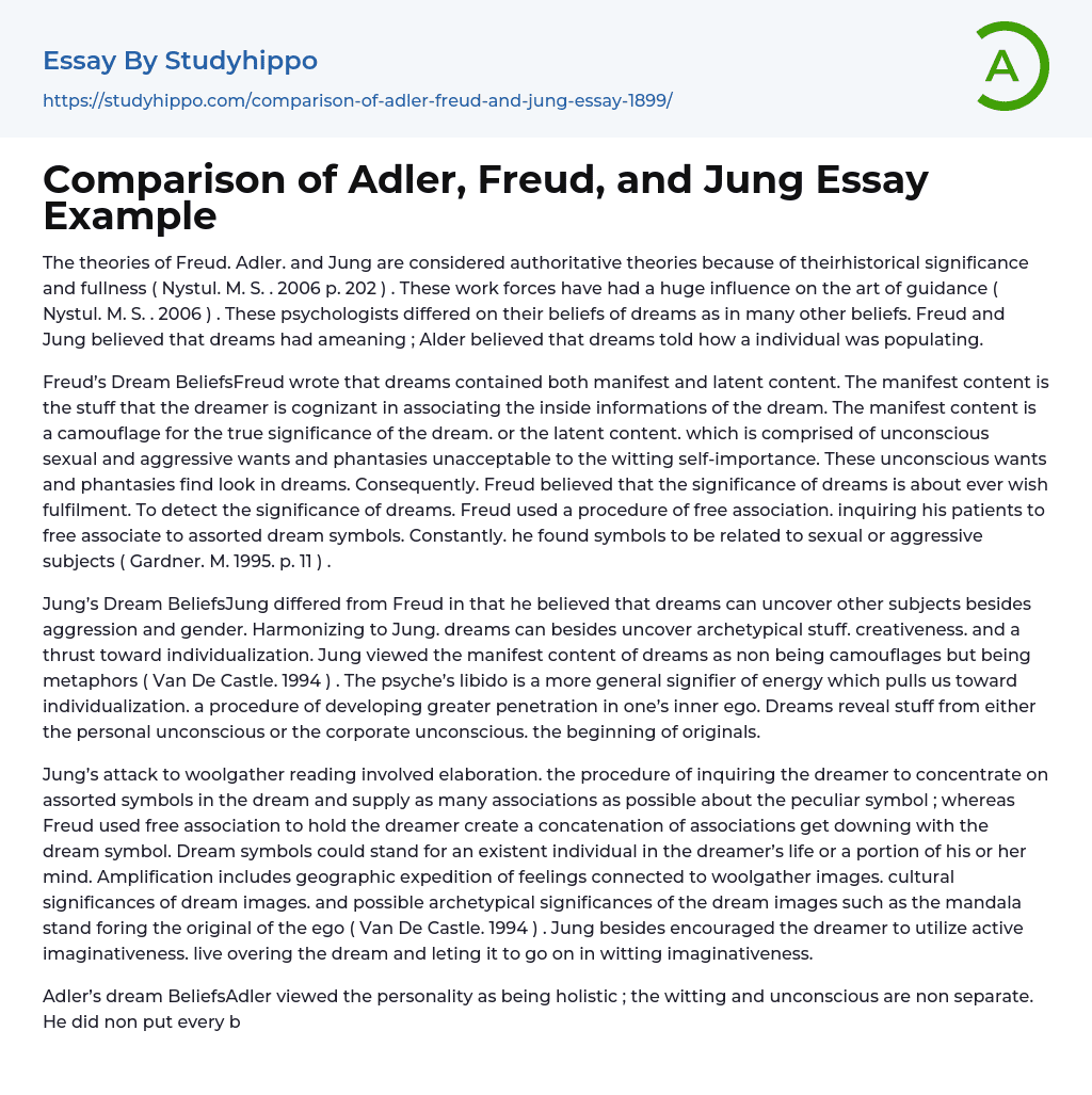 Comparison of Adler, Freud, and Jung Essay Example