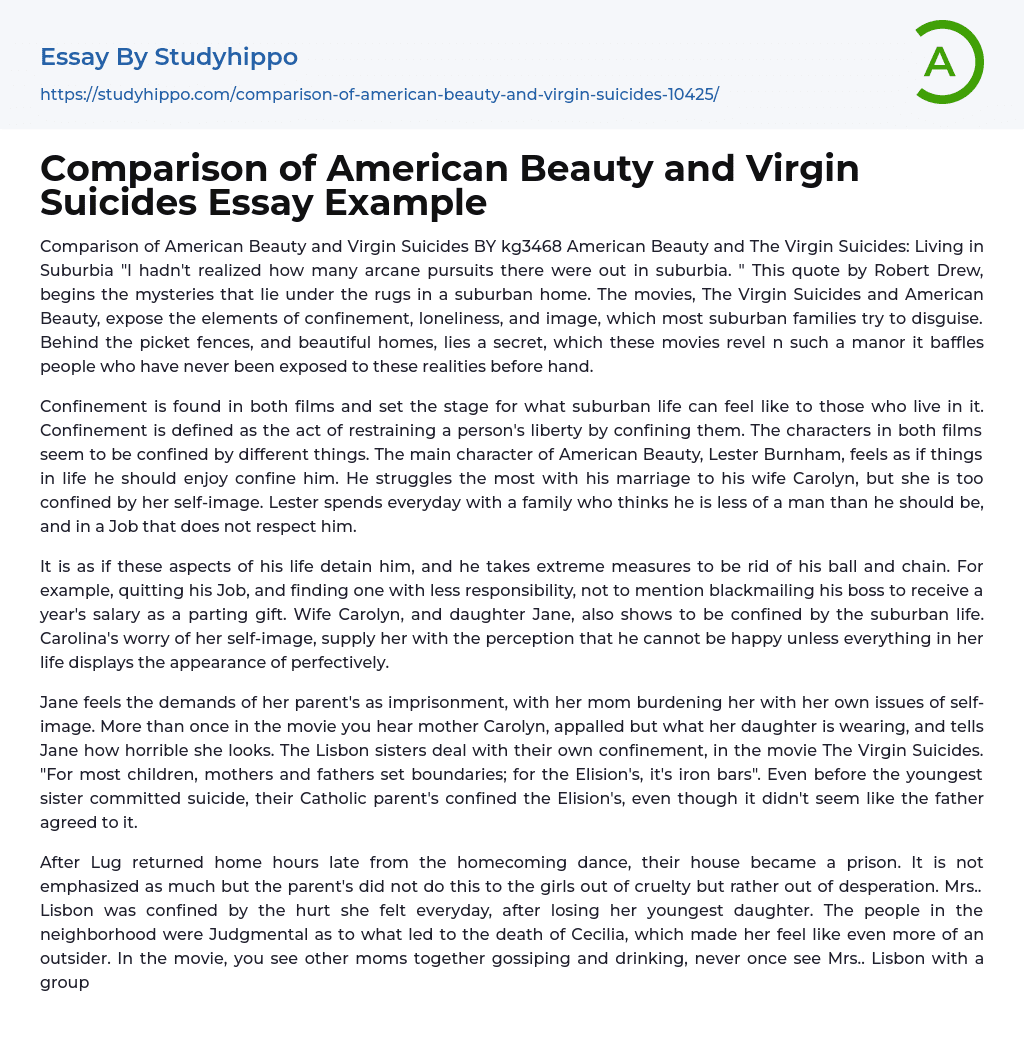 Comparison of American Beauty and Virgin Suicides Essay Example