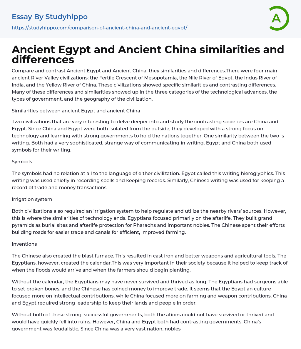 Ancient Egypt and Ancient China similarities and differences Essay Example