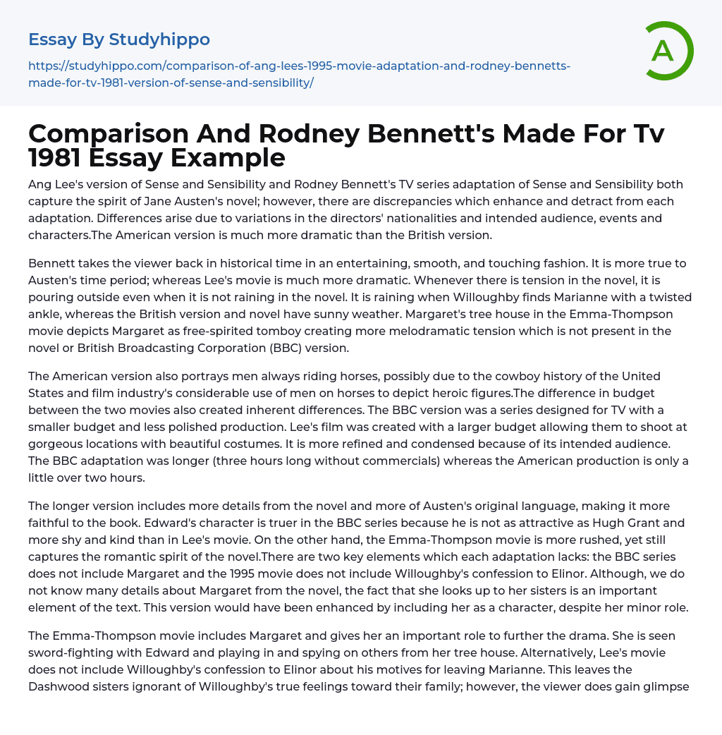 Comparison And Rodney Bennett’s Made For Tv 1981 Essay Example