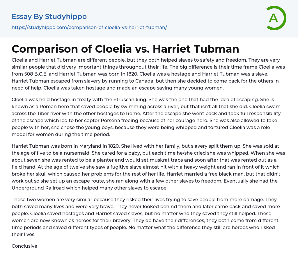 Comparison of Cloelia vs. Harriet Tubman Essay Example