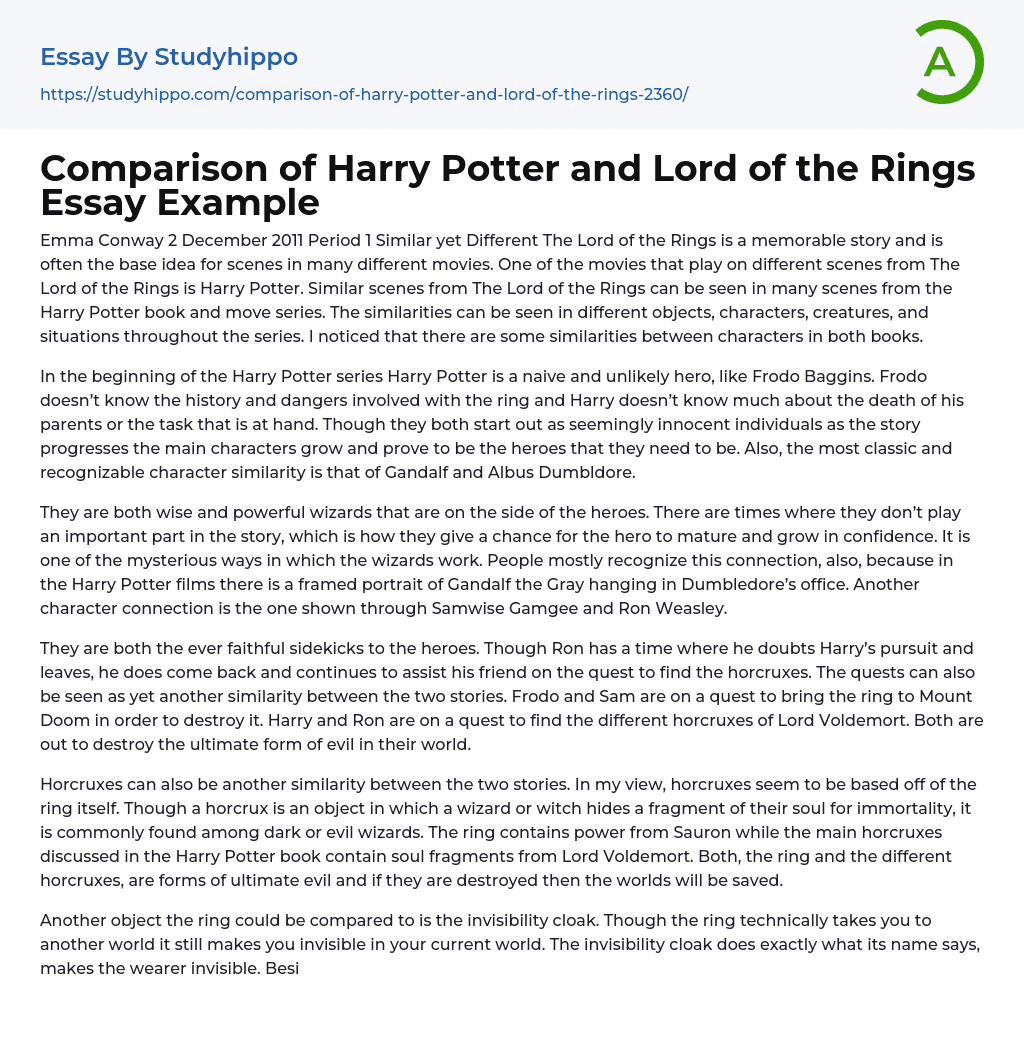 Comparison of Harry Potter and Lord of the Rings Essay Example