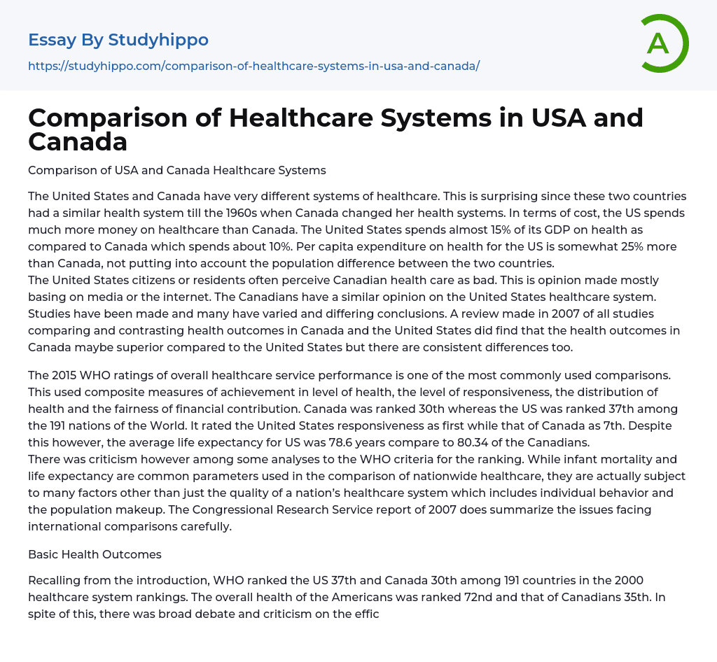 Comparison of Healthcare Systems in USA and Canada Essay Example