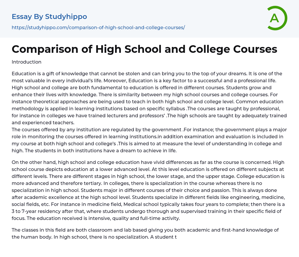 Comparison of High School and College Courses Essay Example