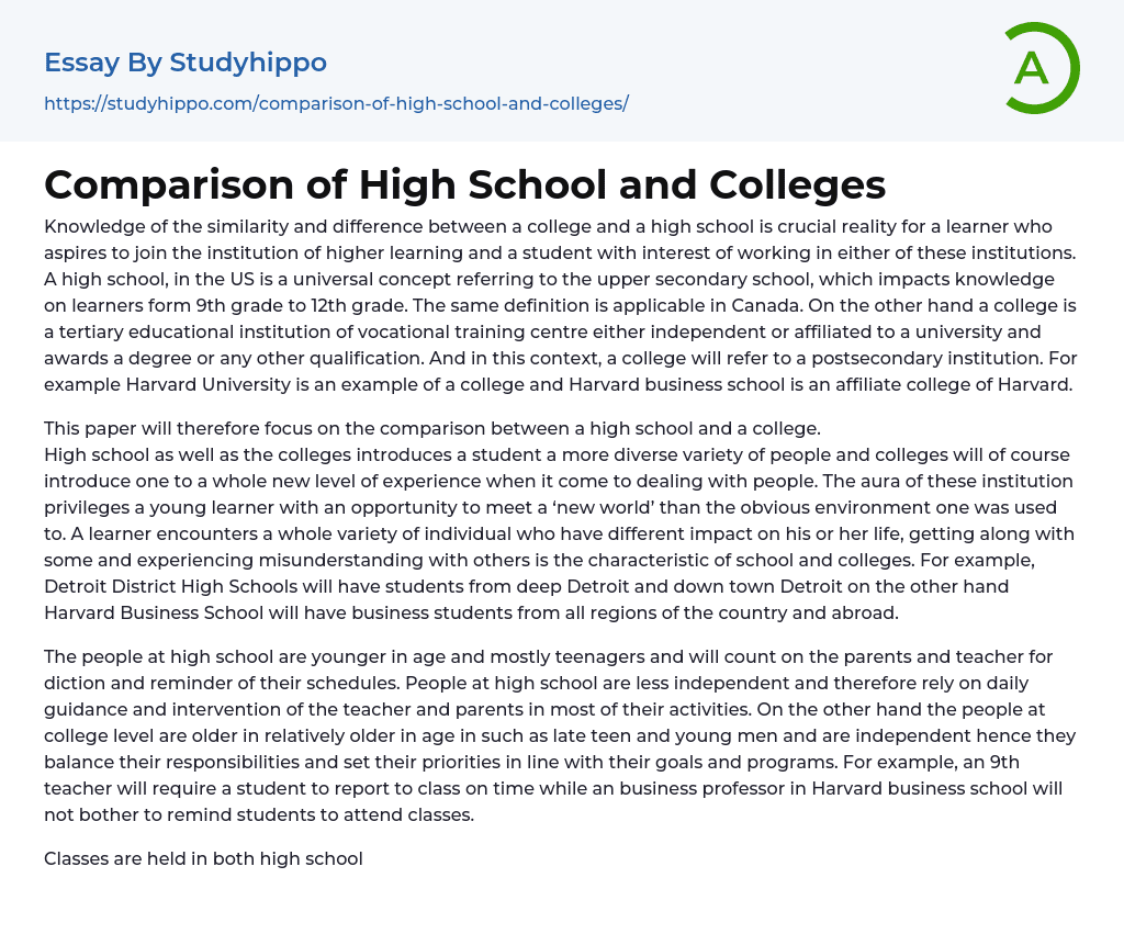 Comparison of High School and Colleges Essay Example